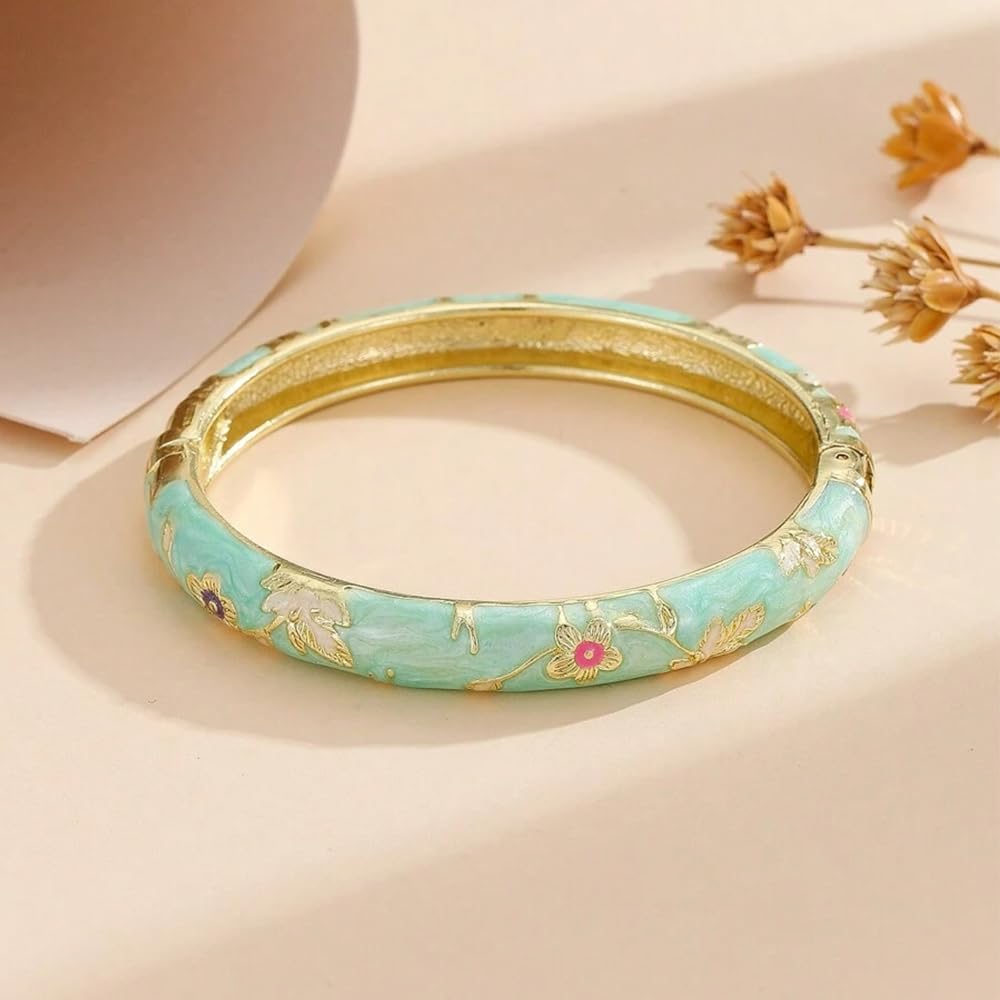 BlingNook Cloisonne Bracelet For Women, Chunky Bangle Trendy Cute Flower Enamel Bangles Multi Tone Engraved Cuff Gold Plated Bracelets Stackable Wife Jewelry Friendship Gift (Dark Green, One Size)