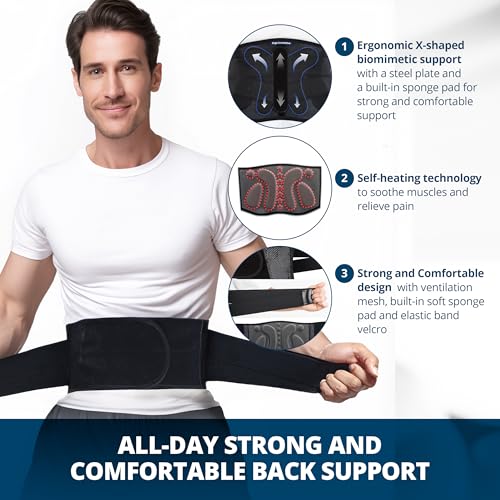 Strong Self-Heating Fit Lower Back Brace – Advanced Composite Fiber Support Belt with X-Shaped Design, Strong Lumbar Support, Pain Relief for Men & Women, Large