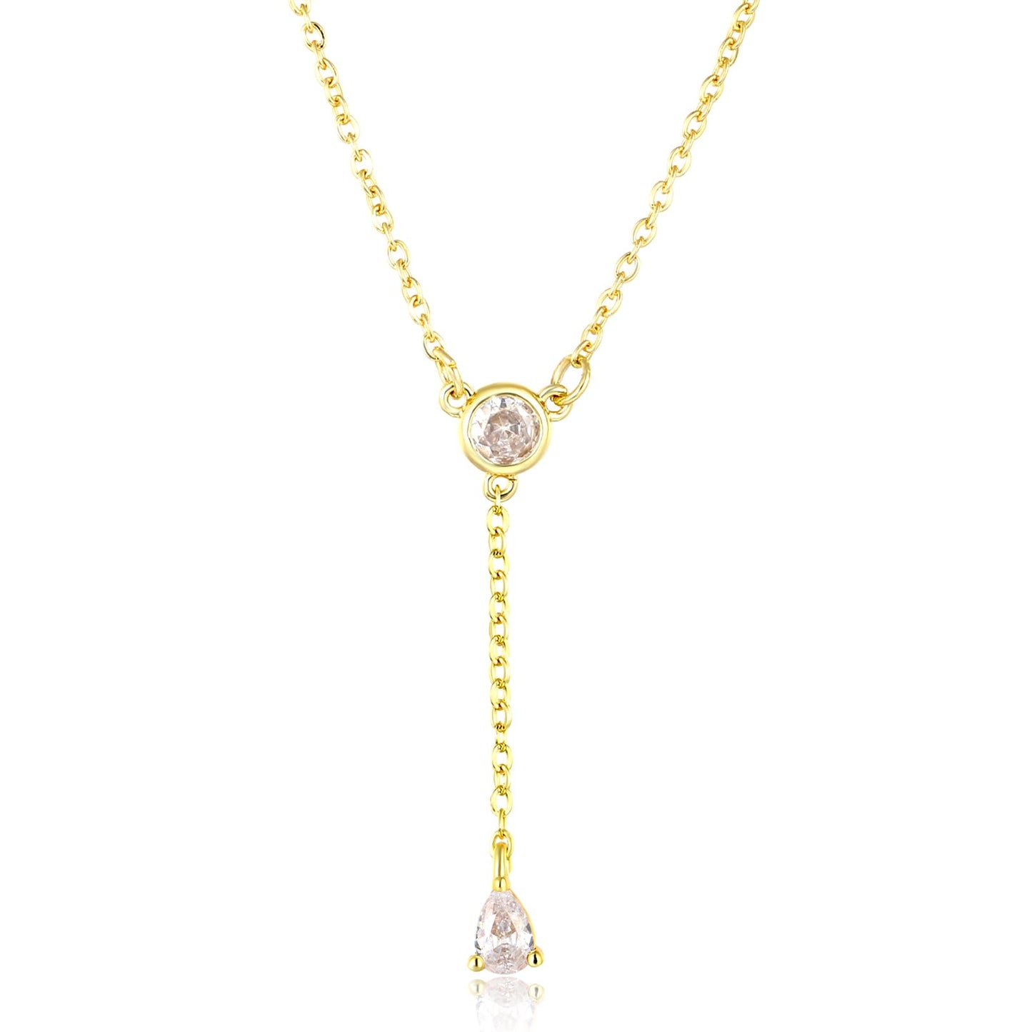 LUXU kisskids Gold Pendant Necklace for Women, Dainty Lariat Y-Shaped Chain, Stainless Steel CZ Drop Chain Adjustable Hypoallergenic Jewelry Gift