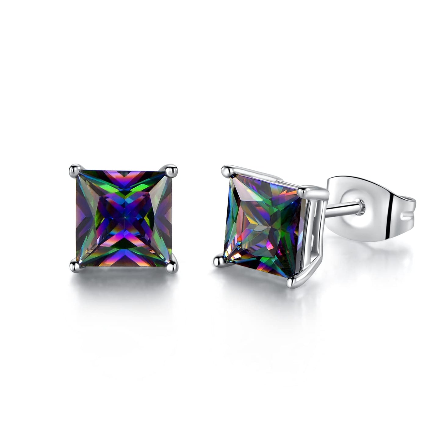Mens Earrings 18K White Gold Plated Rainbow Quartz CZ 6mm Square Ear Pierced Gemstone Vintage Sparkle Studs Earings for Women Hypoallergenic Jewelry Birthday Valentines Gifts