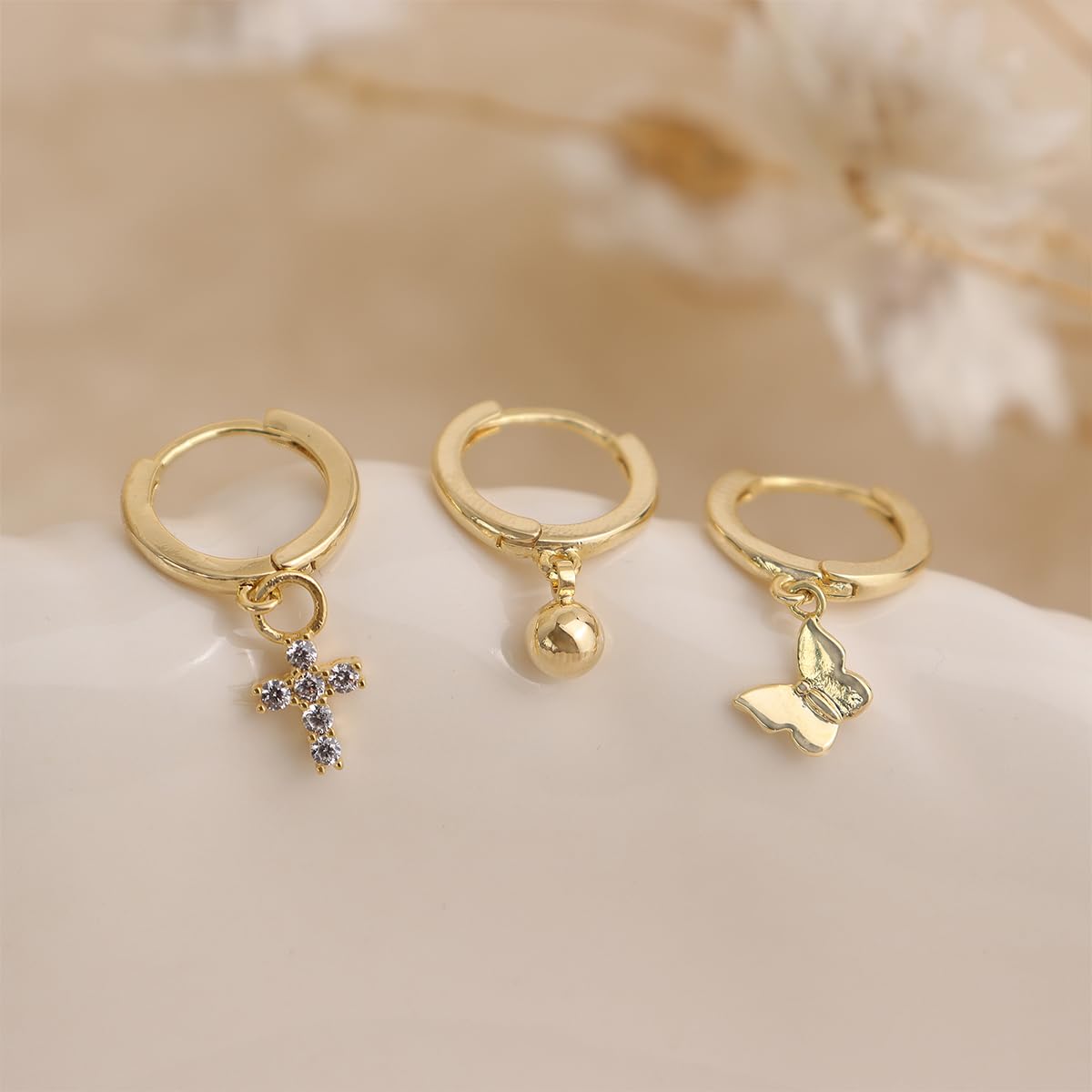 Frigotine 3PCS Gold Ball Cross Butterfly Dangle Small Hoop Earrings Stack Set for Woman, Dainty Rhinestone CZ Drop Multiple Piercing Cartilage Huggie Earing Wedding Prom Fashion Jewelry Gifts