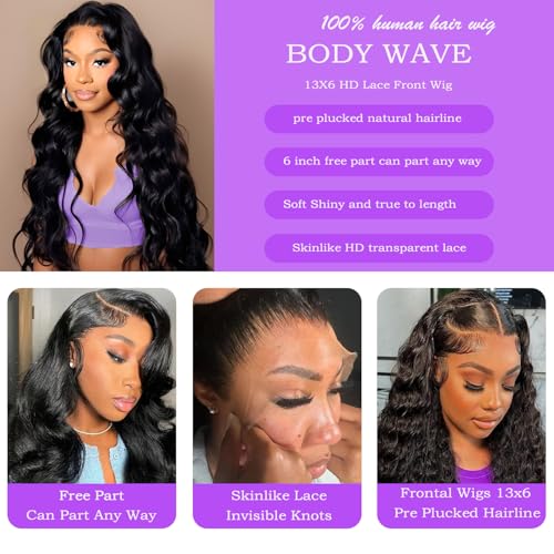 13x6 Body Wave Lace Front Wigs Human Hair 200% Density HD Lace Front Wigs Human Hair Pre Plucked Natural Color Glueless Wig 100% Virgin Lace Front Wigs for Women(24inch)