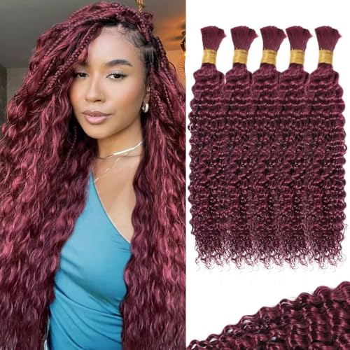 160g 5 Bundles/Pack Burgundy Human Braiding Hair for Boho Braids 20 Inch Curly Boho Hair for Braiding Knotless 12A Deep Wave Bulk Bohemian Color 99J