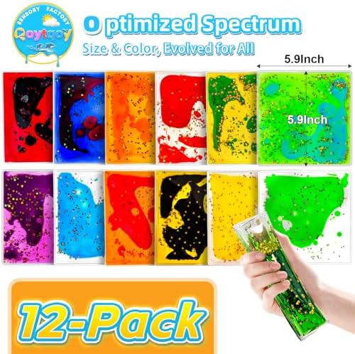 Squishy Liquid Sensory Gel Tiles 12 Packs - Square Sensory Fidget Toys for Stress Relief, Sensory Play & Portable Fun, Washable Sensory Floor Tiles for Kids in Home, Classroom, Travel