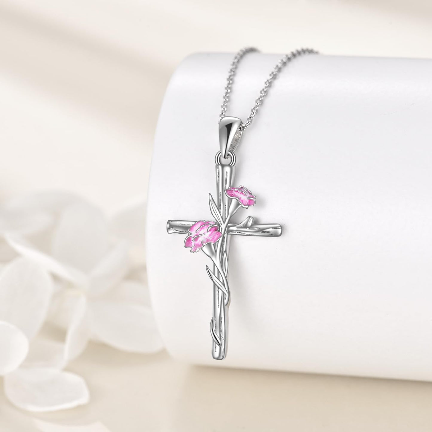 LUHE Women Cross Necklace Sterling Silver Birth Flower Pendant Necklace Religious Cross Jewelry Gifts for Women