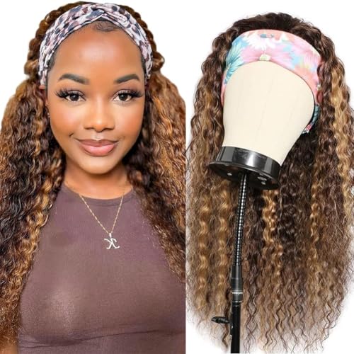 Highlight Headband Wig Human Hair Deep Wave 4/27 Ombre Curly Human Hair Headband Wigs for Black Women Glueless None Lace Front Brazilian Virgin Wig Wear and Go 150% Density 22 Inch