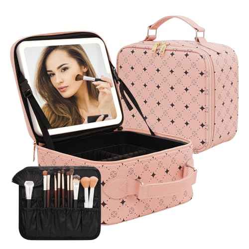 Travel Makeup Bag With 360¡Æ rotating LED Mirror,Waterproof cosmetic organizer,Portability Cosmetic case,Makeup organizer,Gift for Women,Girls Gift (Pink)