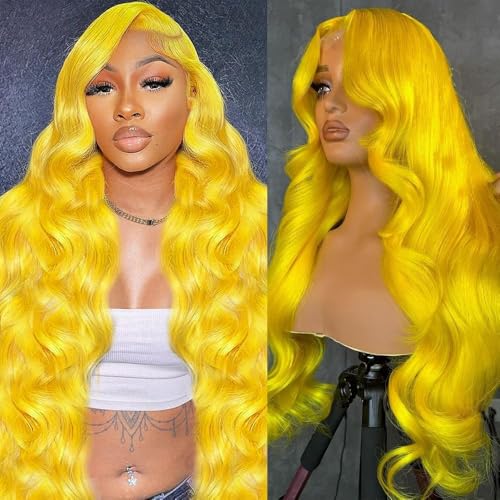 Yellow Wig Human Hair 200 Density Yellow Lace Front Wig Human Hair Body Wave Lace Front Wigs Human Hair Pre Plucked 13x4 HD Lace Frontal Wig Glueless Wigs 24 Inch