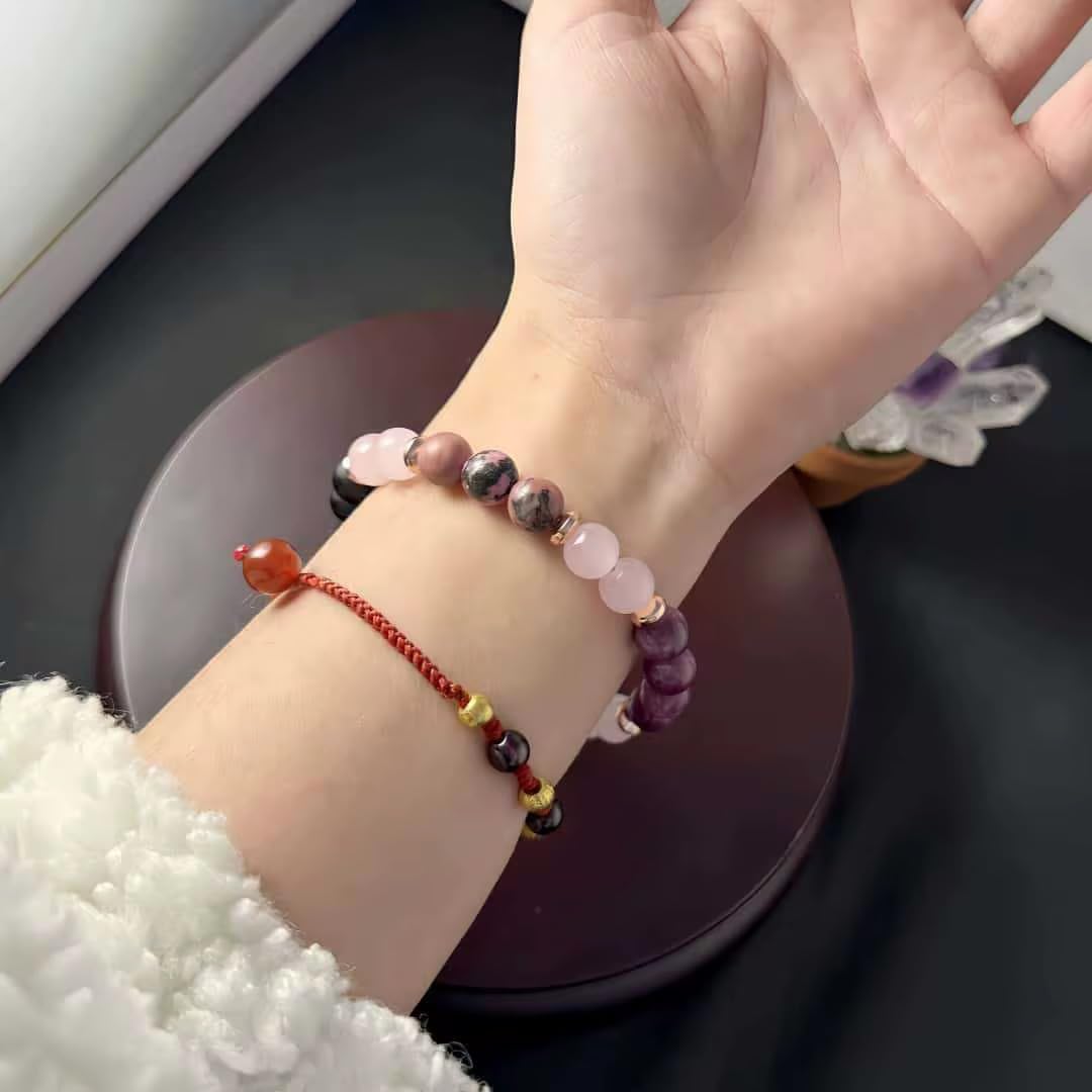 TUQBA Anxiety Relief Beaded Crystal Bracelet for Women Natural Gemstone Beaded Jewelry, Mothers Days Gifts, Christmas, Birthday gift, Onyx, Rose Quartz, Carnelian & Rhodonite