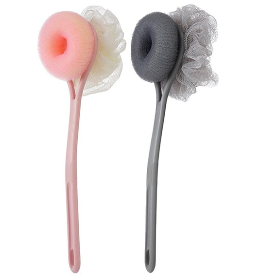AARainbow 2 Packs Shower Body Brush with Bristles and Loofah, Back Scrubber Mesh Sponge with Curved Long Handle for Skin Exfoliating Bath, Massage Bristles Suitable for Men and Women (1Gray+1Pink)