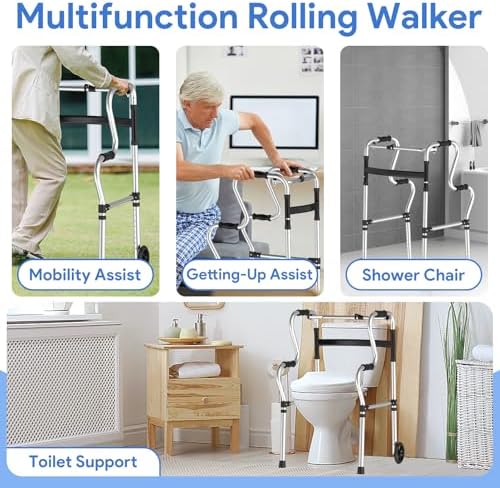 Walkers for Seniors, Folding Walker, Narrow Walkers for Small Spaces, Standard Walker Height Adjustable, Front Wheeled Rolling Walker, Upright Mobility Aid for Seniors and Handicap, Up to 300 Pounds