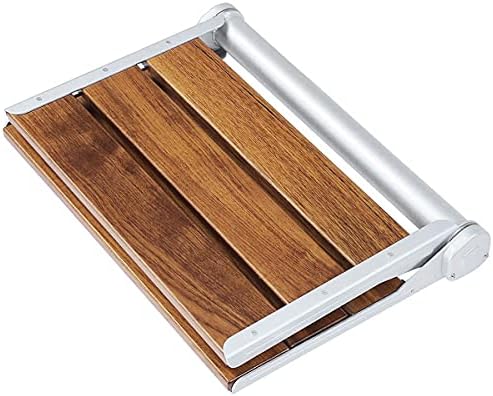 18" ADA Compliant Folding Serena Teak Wood Shower Bench Seat, Clear Coated for Extra Protection and Smooth Modern Finish, Foldable Aluminum Wall-Mounted Fold Up Bathroom Stool Seating Chair