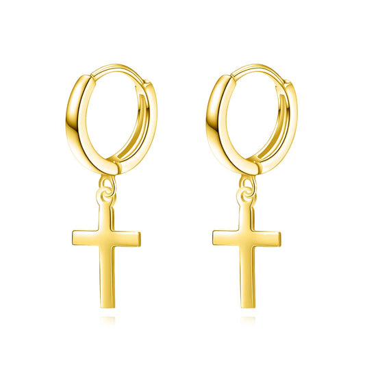 18K Gold Plated Hanging Cross Hoop Earrings for Men Women Sterling Silver Cross Dangle Earrings Religious Jewelry Gifts