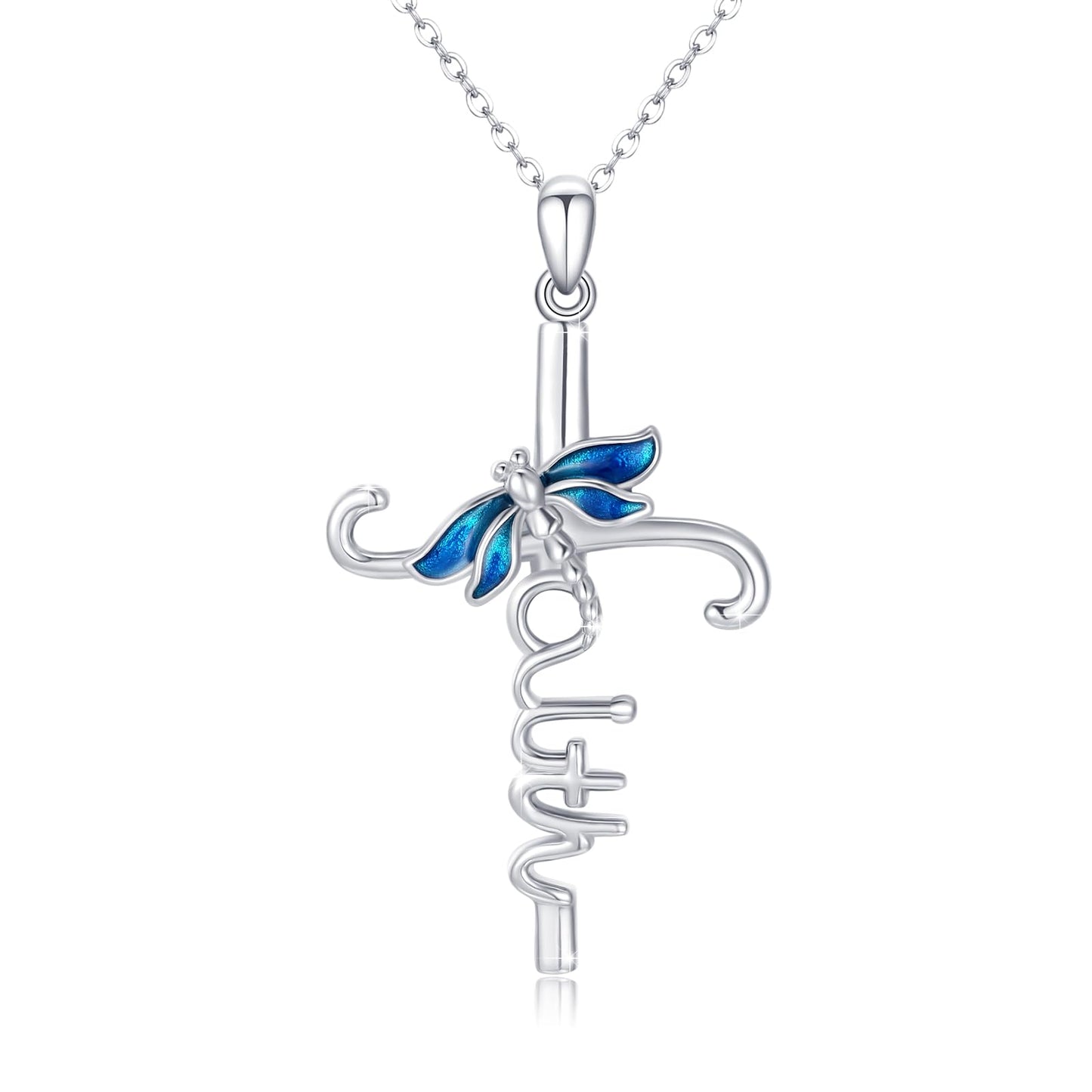 YEESIA Dragonfly Necklace for Women 925 Sterling Silver Faith Cross Necklaces Dragonfly Cross Pendant Religious Jewelry Graduation Birthday Gifts for Women