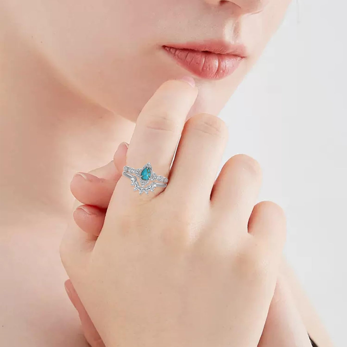 Genuine Turquoise Wedding Ring Set for Women 925 Sterling Silver Engagement Ring Sets Wedding Ring Set Real Turquoise Jewelry for Women (Size 7)