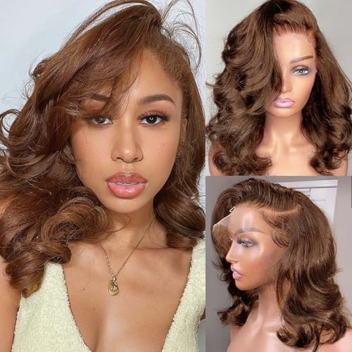 Brown Wig Human Hair 200% Density 13x6 Body Wave Lace Front Wigs Human Hair Pre Plucked Short Wigs for Black Women Glueless Frontal Wig Human Hair Loose Wavy 16 inch
