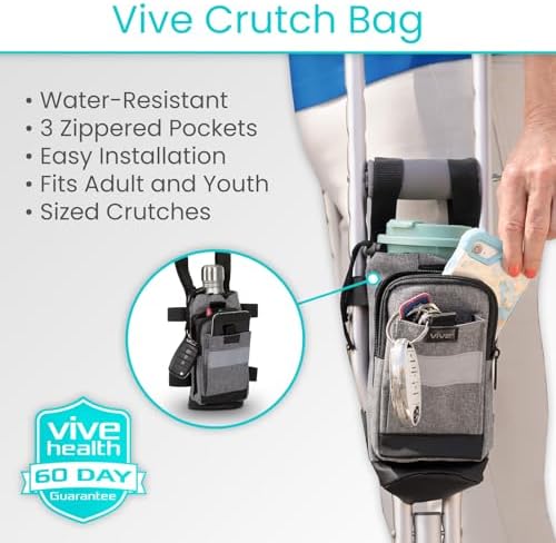 Vive Crutch Accessories Bag - Pouch for Crutches - Accessory Storage Carry Kit for Women, Men, Adults, Kids - Cup and Bottle Pocket Holder with Ergonomic Design (Gray)