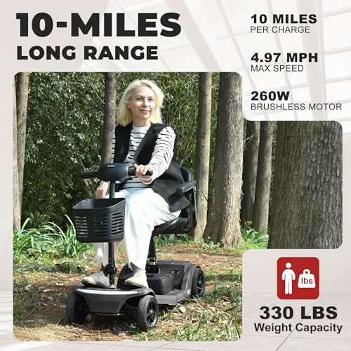 Metro Mobility 4 Wheel Powered Mobility Scooters, 330 lbs Capacity Mobility Scooters for Adults, Folding Mobility Scooter Lightweight, Electric Scooters for Seniors 10 Miles Range LED Light Black