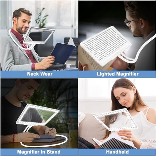 5X Hands Free Magnifying Glass with Light and Stand 43 Ultra-Bright LEDs, Page Magnifier for Reading, Neck Wear Large Magnifying Glass for Reading Small Prints Low Vision Elderly(White)