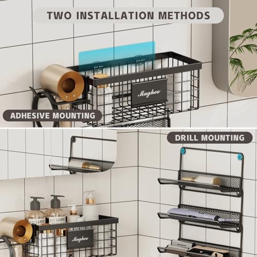 Hair Dryer Holder Wall Mounted, Adheisve Hair Styling Tool Organizer for hair Brush/Appliance Wall Mount with 5 Tier Shelf Basket Hooks Blow Dryer and Straightener Holder for Bathroom(Black)