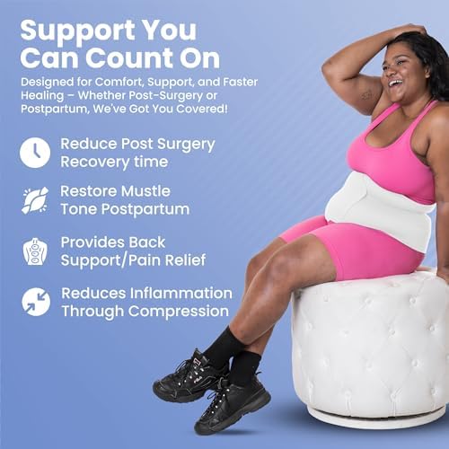 QORE LOGIQ Plus Size Abdominal Binder Post Surgery - C Section Belly Binder, Postpartum Belly Band, Adjustable 9" Compression Wrap for Stomach & Hernia Belt, White XL