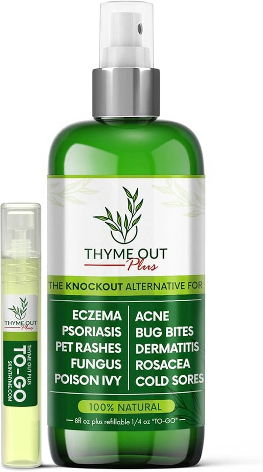 Thyme Out Plus Natural Skin Relief Spray for Eczema, Acne, Bug Bites & Irritated Skin – Safe for Babies, Kids & Pets – Gentle Non-Toxic Face & Body Mist with Organic Thyme + Oat Support