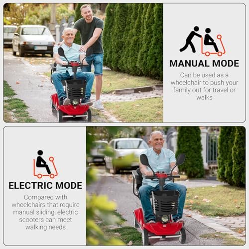 Foldable Mobility Scooters for Seniors, 4 Wheels Electric Mobility Scooter for Adults W/Removable Battery, Removable Basket, LED Headlights and Cup Holder, Charger Included - Red