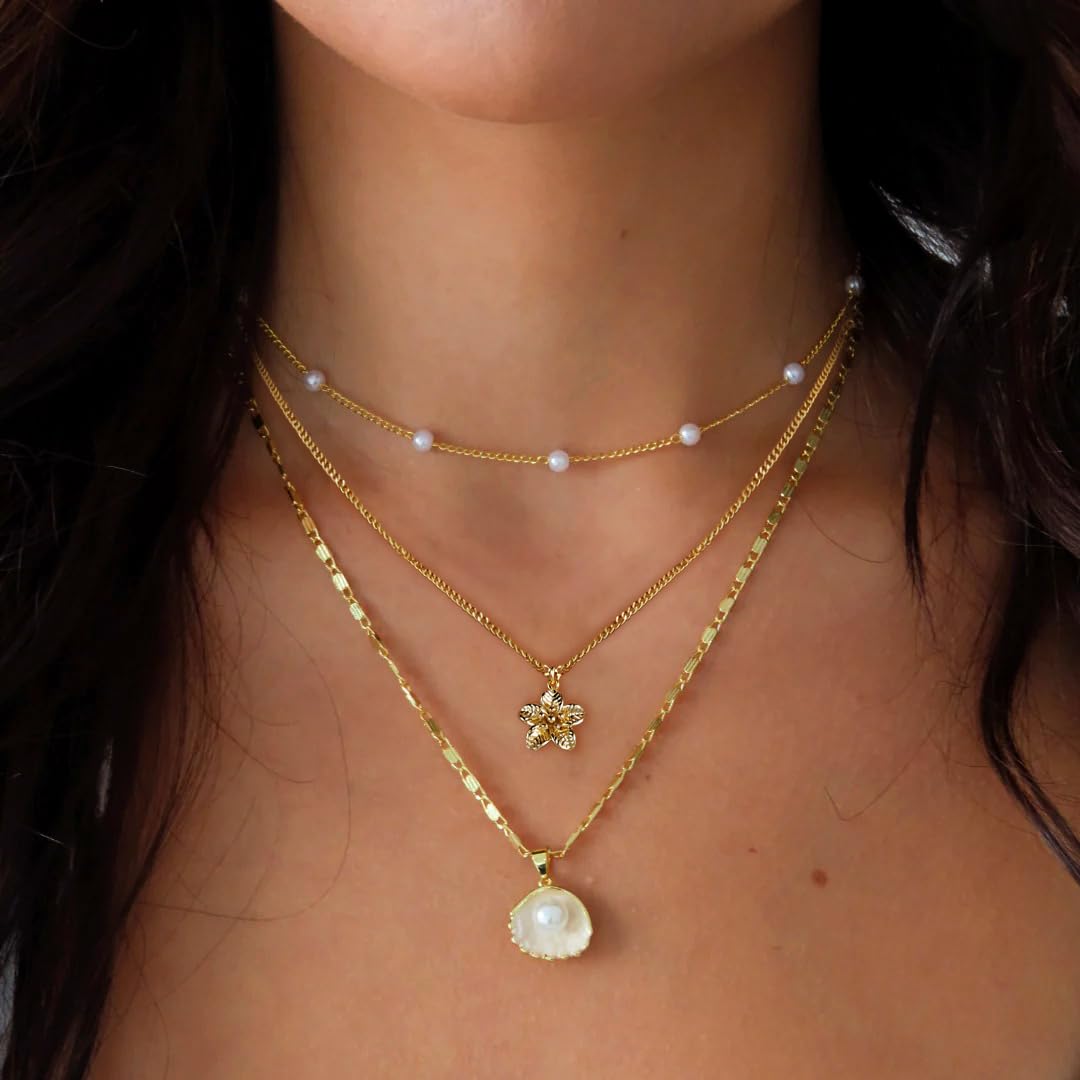 Sargetou Charm Necklaces for Women,14k Gold Plated Waterproof Dainty Choker Necklaces Summer Seashell Flower Pearl Beach Cute Cuban Paperclip Necklace Set Fashion Jewelry Gift