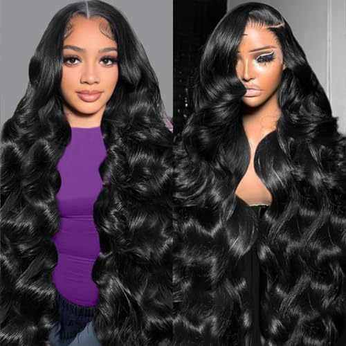 Body Wave Lace Front Wigs - HD Transparent Lace Frontal Wigs for Women, Natural Color 20 Inch, 180% Density Brazilian Human Hair, 9A Glueless Wigs Plucked with Baby Hair