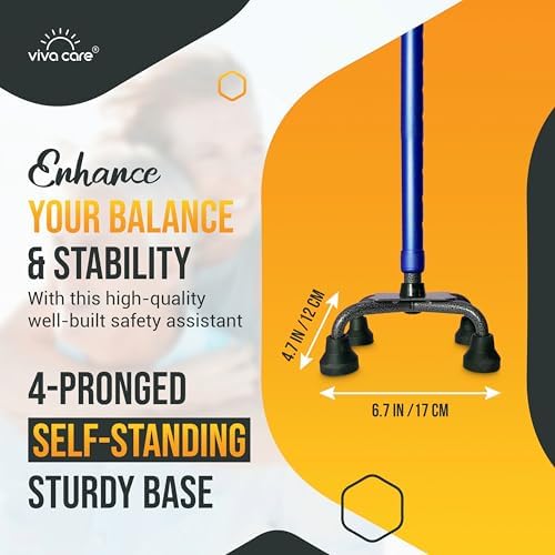 Walking Cane with 4 Prongs and Extra Side Handle – Adjustable, for Balance & Stability for Adults, Seniors, and Injured.