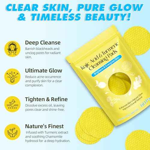 Kojic Acid and Turmeric Cleansing Pads for Face 60Pcs, Turmeric Face Scrub Pads, Cleansing & Exfoliation Balance Skin Oil & Water