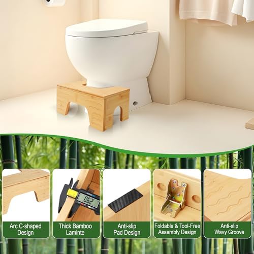 Foldable Toilet Stool Squat, 7" & 9" Adjustable Heights Bamboo Flip Poop Stool for Adults and Kids with Non-Slip Layer - Improve Bathroom Posture and Comfort, No Assembly Required,Natural
