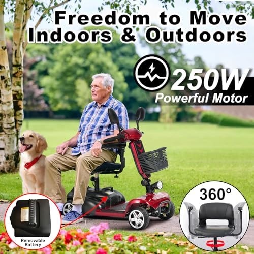 4-Wheel Foldable Mobility Scooters for Seniors, Detachable Battery, Upgraded Large Seat, Electric Scooter for Adults 15-Mile Range, Front & Rear Baskets, USB Port, Dual Mirrors, LED Headlight
