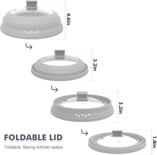 Microwave Splatter Cover Glass Cover Guard Lid with Collapsible Silicone for Food Pot Plate Cover 9.8 inch Light Grey