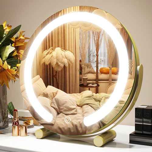 Gold Vanity Mirror, 12 Inch Makeup Mirror with Lights, Large Lighted Vanity Mirror, Light Up Mirror with Smart Touch 3 Colors Dimmable, Tabletop, 360¡Æ Rotation