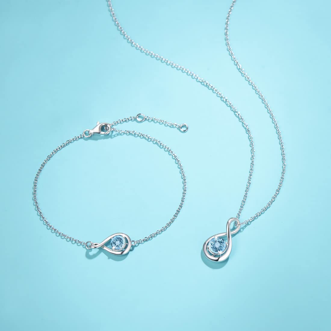 FANCIME Aquamarine Necklace March Birthstone for Women Sterling Silver Infinity Pendant Blue Gemstone Fine Jewelry Birthday Anniversary Mothers Day Gifts for Daughter Wife Her, Chain 16+2"