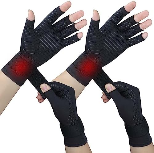 2 Pairs Copper Arthritis Gloves for Women Men, Fingerless Compression Gloves Relieve Hand Pain, Typing Gloves for Arthritis, Carpal Tunnel, Tendonitis, RSI with Adjustable Wrist Strap (Large/X-Large)