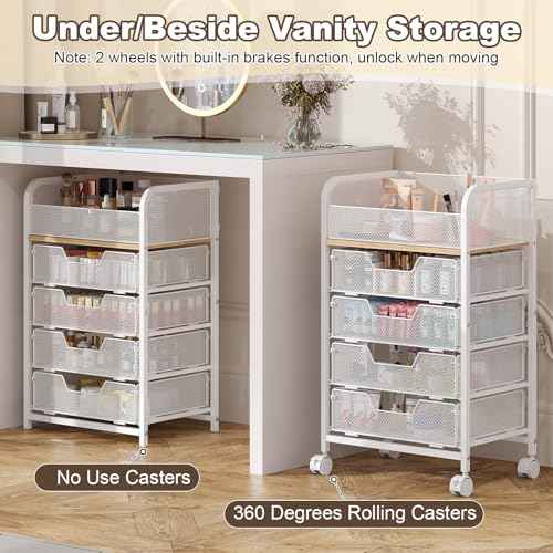 Makeup Cart Organizer with 4 Drawers, Large Floor Skincare Organizers, Vanity Storage Organizer Cosmetics Display Cases for Skin Care Perfume Nail Polish, White (Patent Pending)