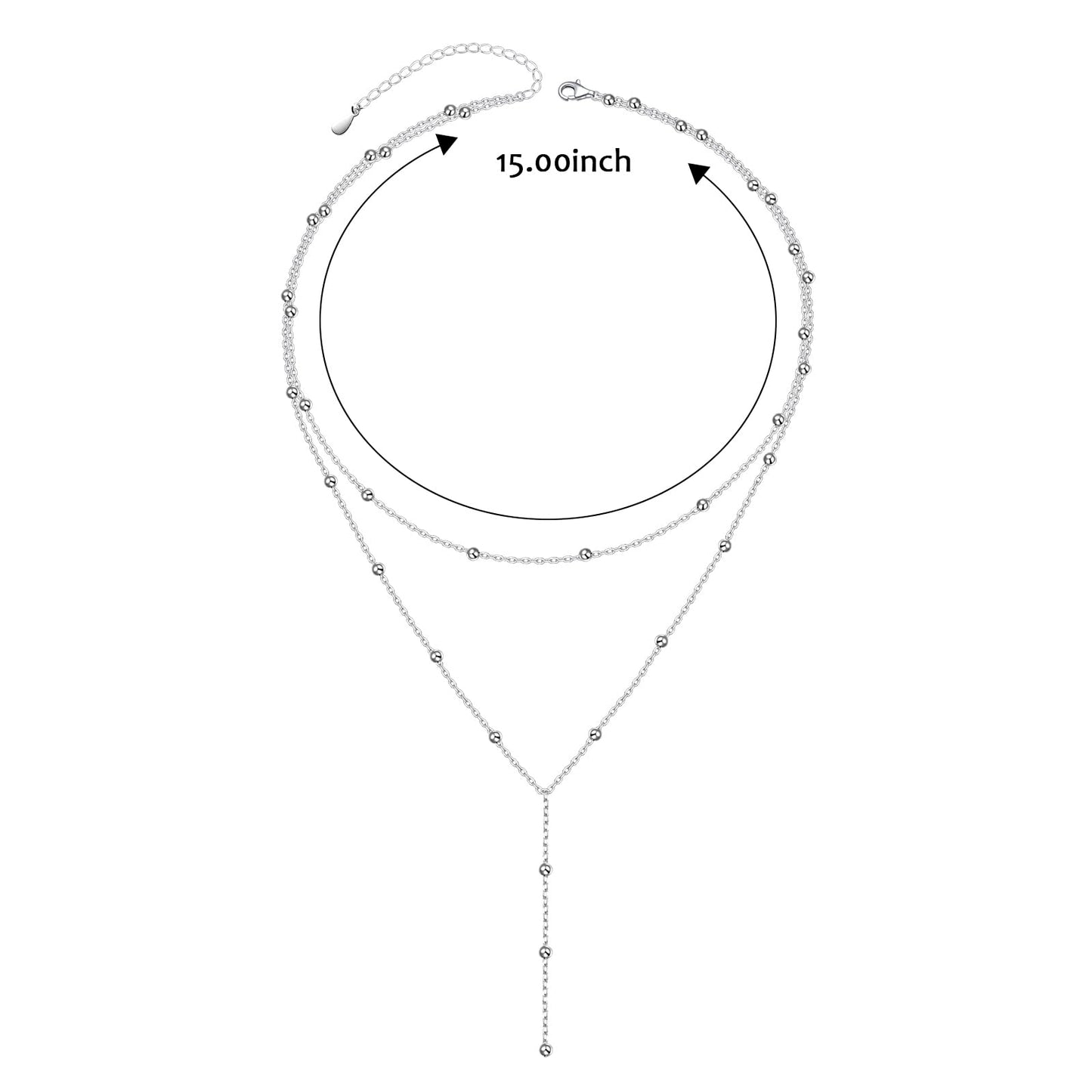 FLYOW Layered Necklace for Women Sterling Silver Beaded Double Trendy Layered Choker Y Lariat Long Necklace Dainty Mothers Day Valentine's Day Birthday Gift for Ladies