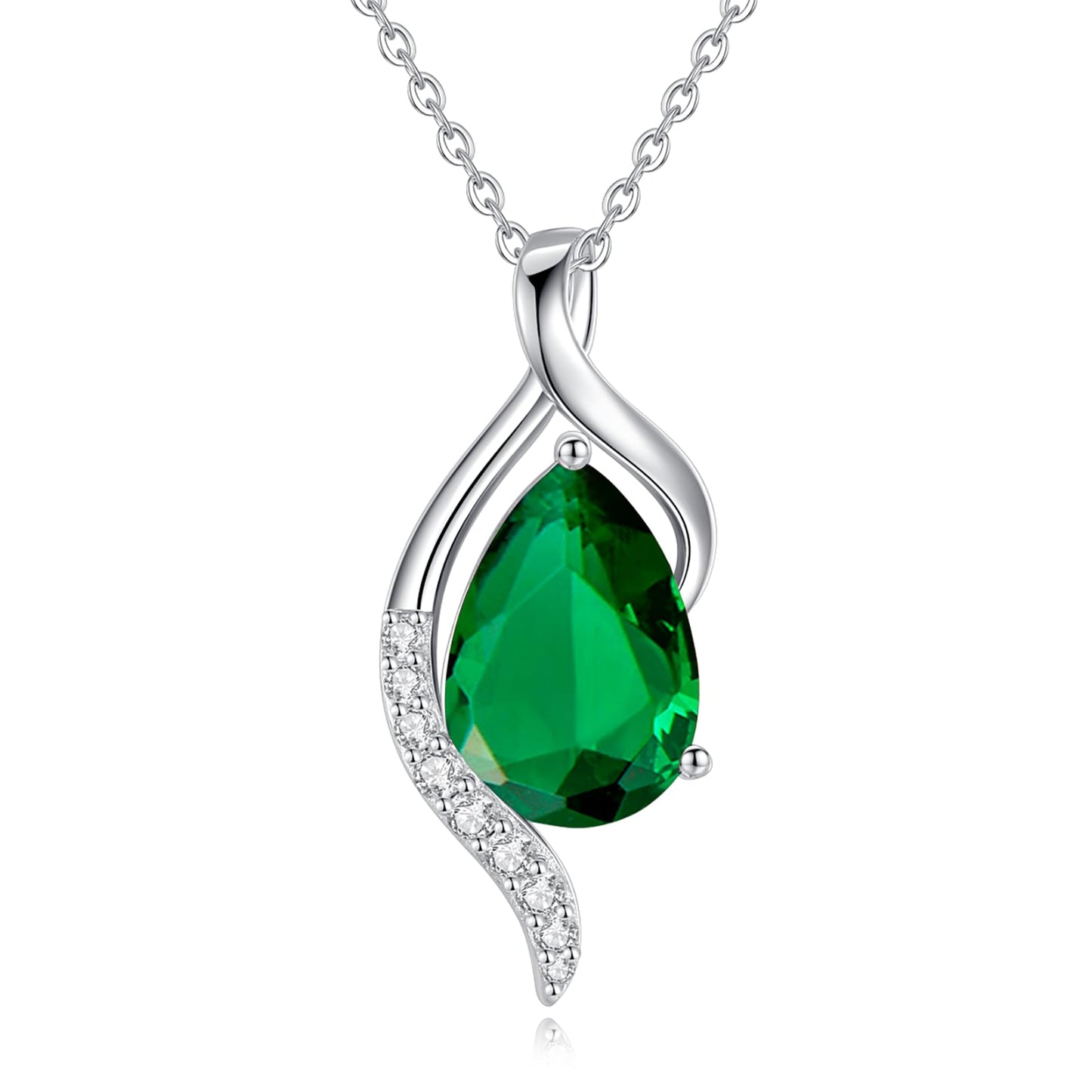 FANCIME May Birthstone Necklace for Women Teardrop Emerald Necklace S925 Sterling Silver Gentle Love Birthday Gifts for Mom Women, 16"+2" Inches