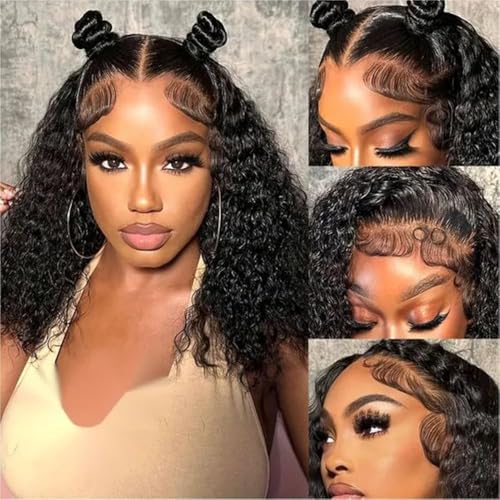 16 Inch Deep Wave Bob Wig Human Hair 13x4 Frontal Lace Wig 200% Density Short Bob Wigs Human Hair for Black Women Glueless Curly Bob Wig With Baby Hair Natural Black