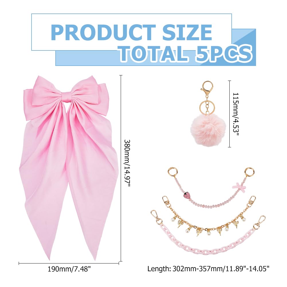TNKBREEZE Tote Bag Decoration Kit Bag Charms for Tote Bags Pearl Purse Chain with Pink Bowknot Embellishments and Pom Pom Keychain for Women Compatible with YETI Beach Handbag