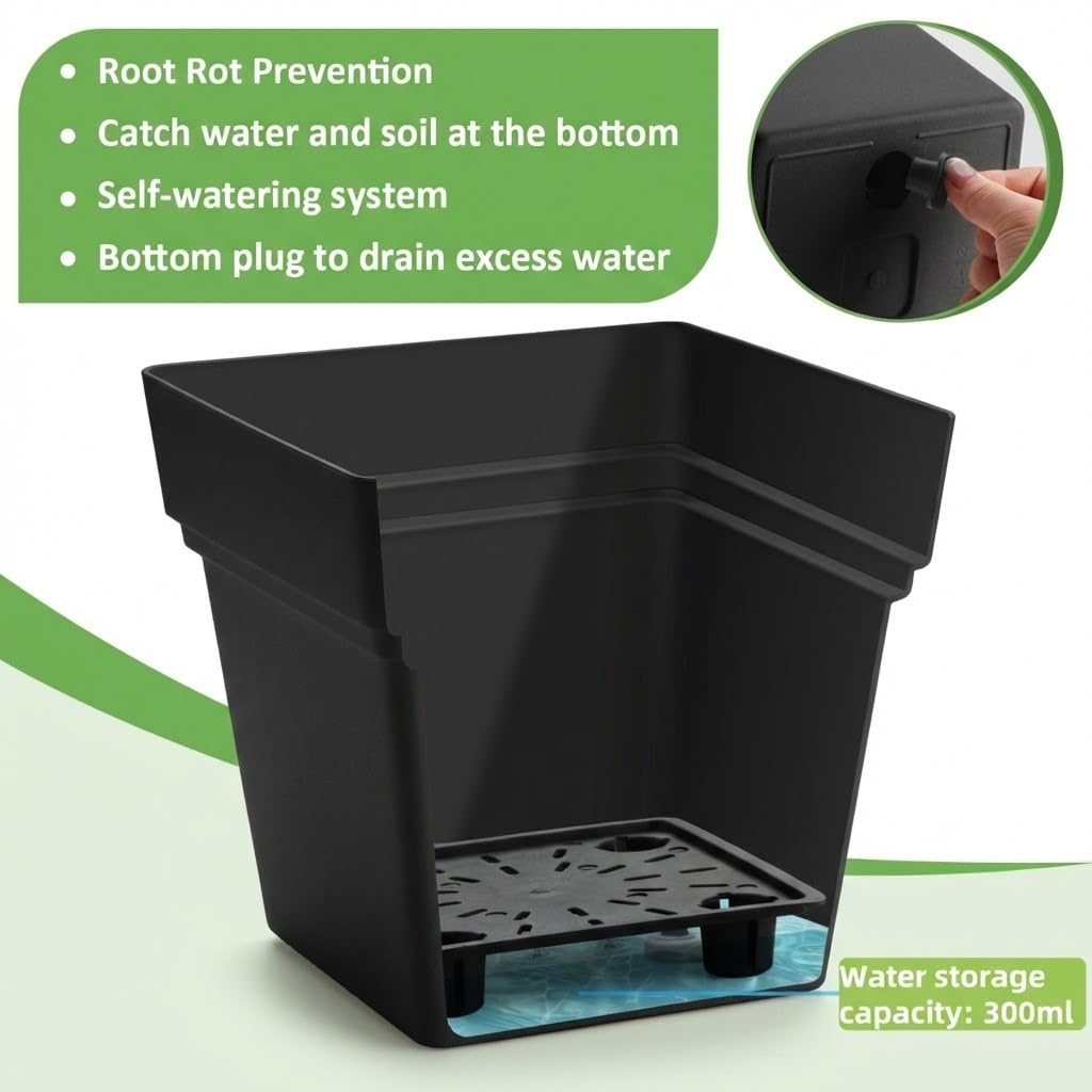 RooTrimmer 6-Pack 7" Square Planters with Built-in Drainage Tray – Heavy-Duty Black Plastic Planter with Drainage Hole and Bottom Stopper, BPA-Free Plant Pots Matte Finish for Indoor Outdoor
