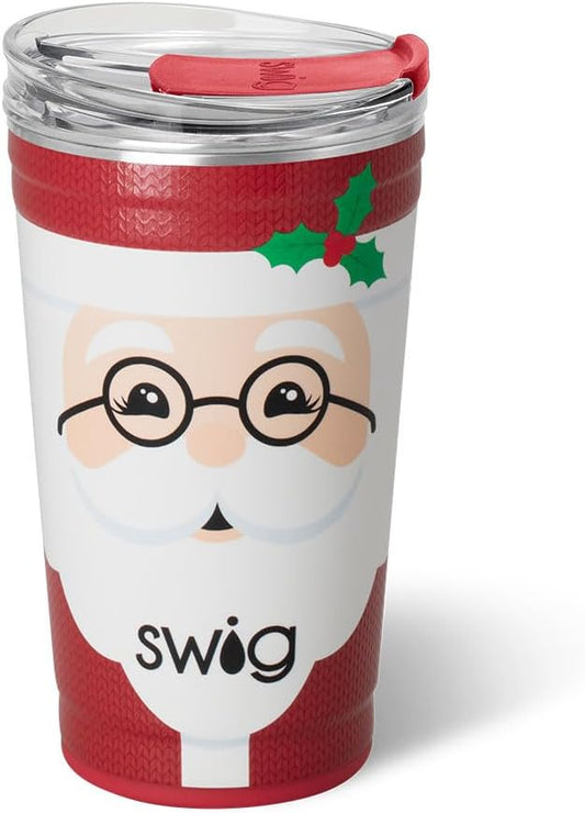Swig Life 24oz Party Cup, Stackable Insulated Travel Coffee Tumbler with EZ Slider Lid, Cup Holder Friendly Travel, Stainless Steel 24 oz Tumbler, Reusable Mug (Mr Claus)