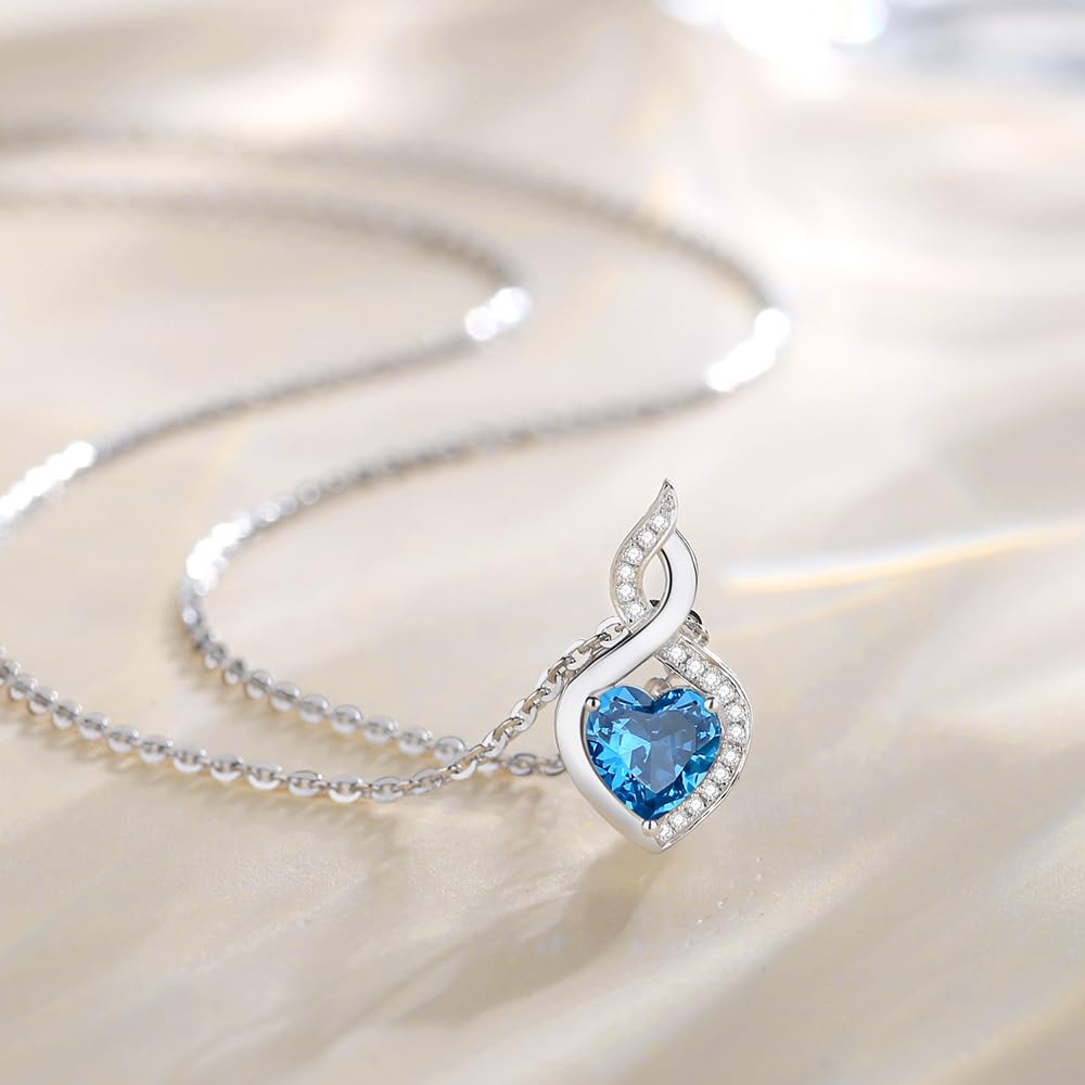FANCIME Blue Topaz Necklace 14K Solid White Gold Heart Pendant with Diamond December Birthstone Necklace Jewelry Gifts for Mom Women