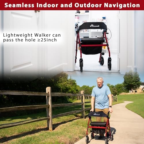 Walker for Seniors, Lightweight Rollator Walker with seat, Foldable Rolling Walker with 8 inch All Terrain Rubber Wheels, Ergonomic Adjustable Handles and Backrest for Seniors and Adult.
