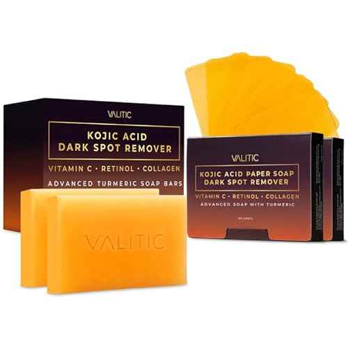 VALITIC Kojic Acid and Turmeric Dark Spot Corrector Soap ? Skin Care Cleansing Duo - 2 Soap Bars and 200 Melting Paper Sheets - Infused with Vitamin C, Retinol and Collagen