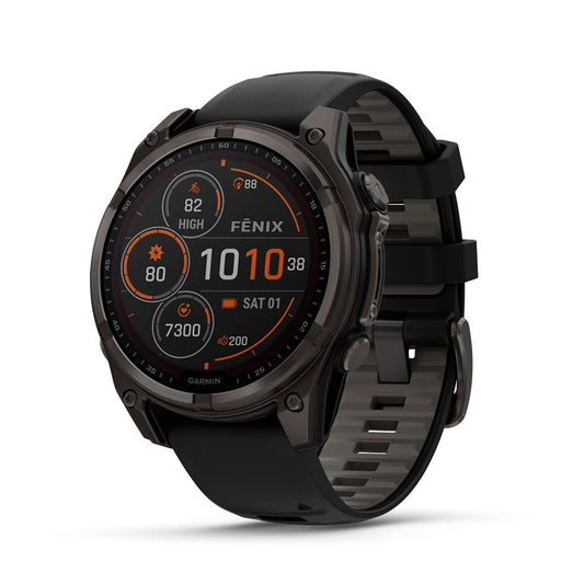 Garmin fēnix® 8 – 47 mm,Solar,Sapphire,Premium Multisport GPS Smartwatch, Long-Lasting Battery Life,Dive-Rated, Built-in LED Flashlight, Carbon Gray DLC Titanium Bezel Black/Pebble Gray Silicone Band
