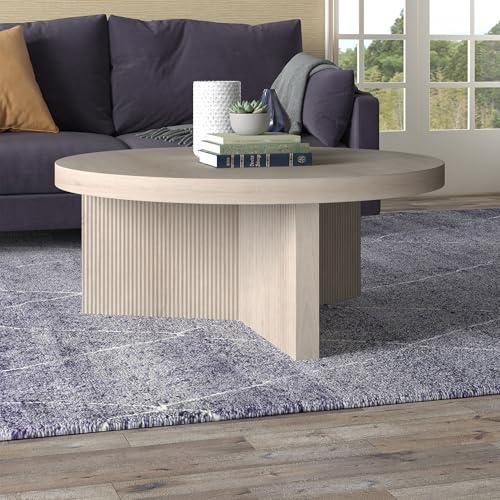 Henn&Hart 36" Wide Round Coffee Table in Beech White, for Home, Living Room, Bedroom, Entertainment Room, Office