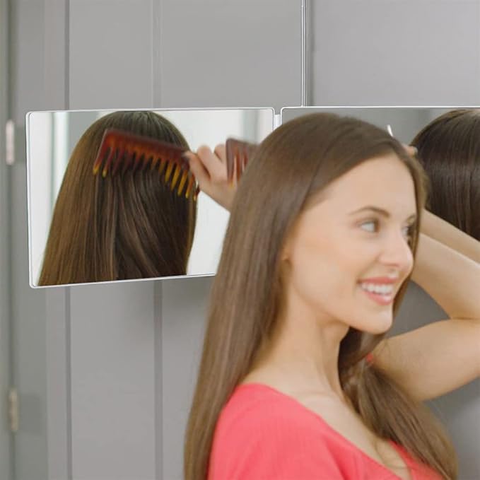 HIEEY 3 Way 360 Trifold Mirror with LED, Height Adjustable Telescoping Hooks,and 5X Magnification for Makeup,Hair Cutting/Styling (White)